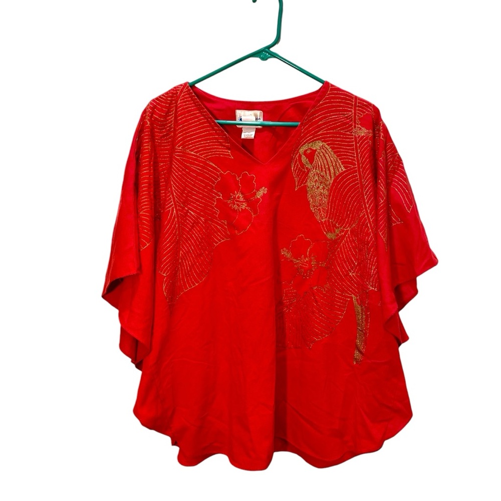 Vintage High Noon Hawaii Red Gold Accent Bird & Flowers Batwing Top Blouse Sz L